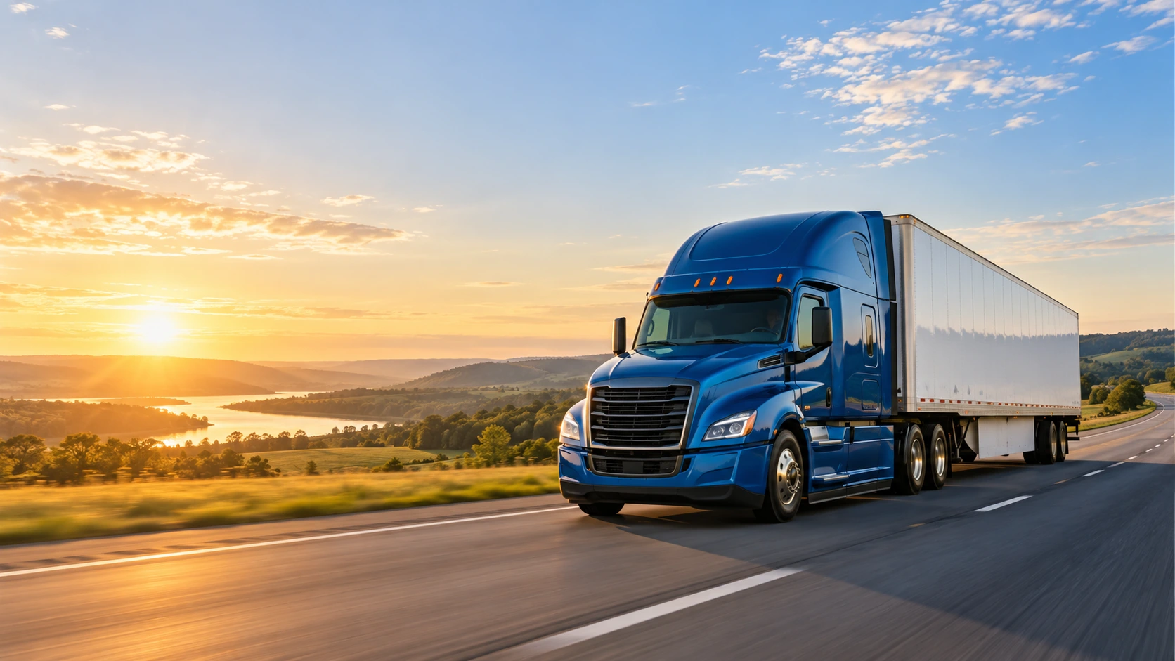 Illustrative blue semi-truck on a highway